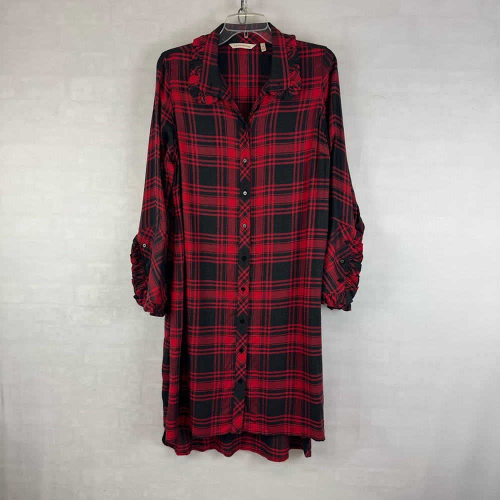 Soft Surroundings Plaid Button Front Tunic Dress Red Black Ruffle Cuff Women’s M